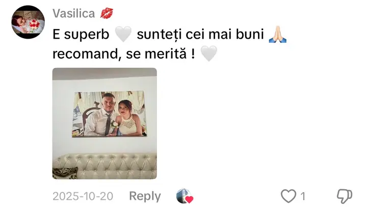 Comentariu pe TikTok: „E superb sunteți cei mai buni recomand, se merită !” (cu poza tabloului primit)