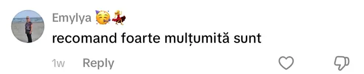 Comentariu pe TikTok: „recomand foarte mulțumită sunt”