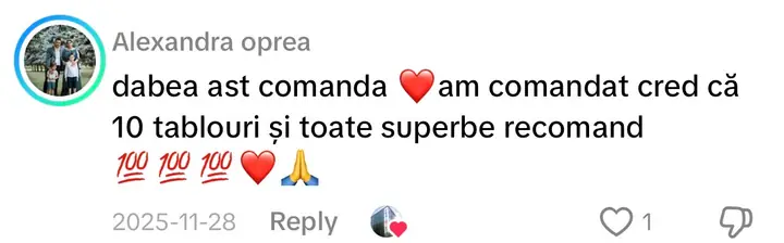 Comentariu pe TikTok: „dabea ast comanda am comandat cred că 10 tablouri și toate superbe recomand”