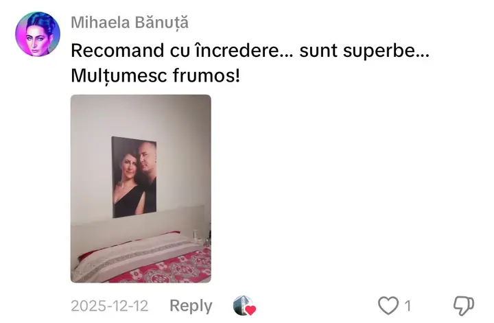 Comentariu pe TikTok: „Recomand cu încredere... sunt superbe... Mulțumesc frumos!” (cu poza tabloului primit)